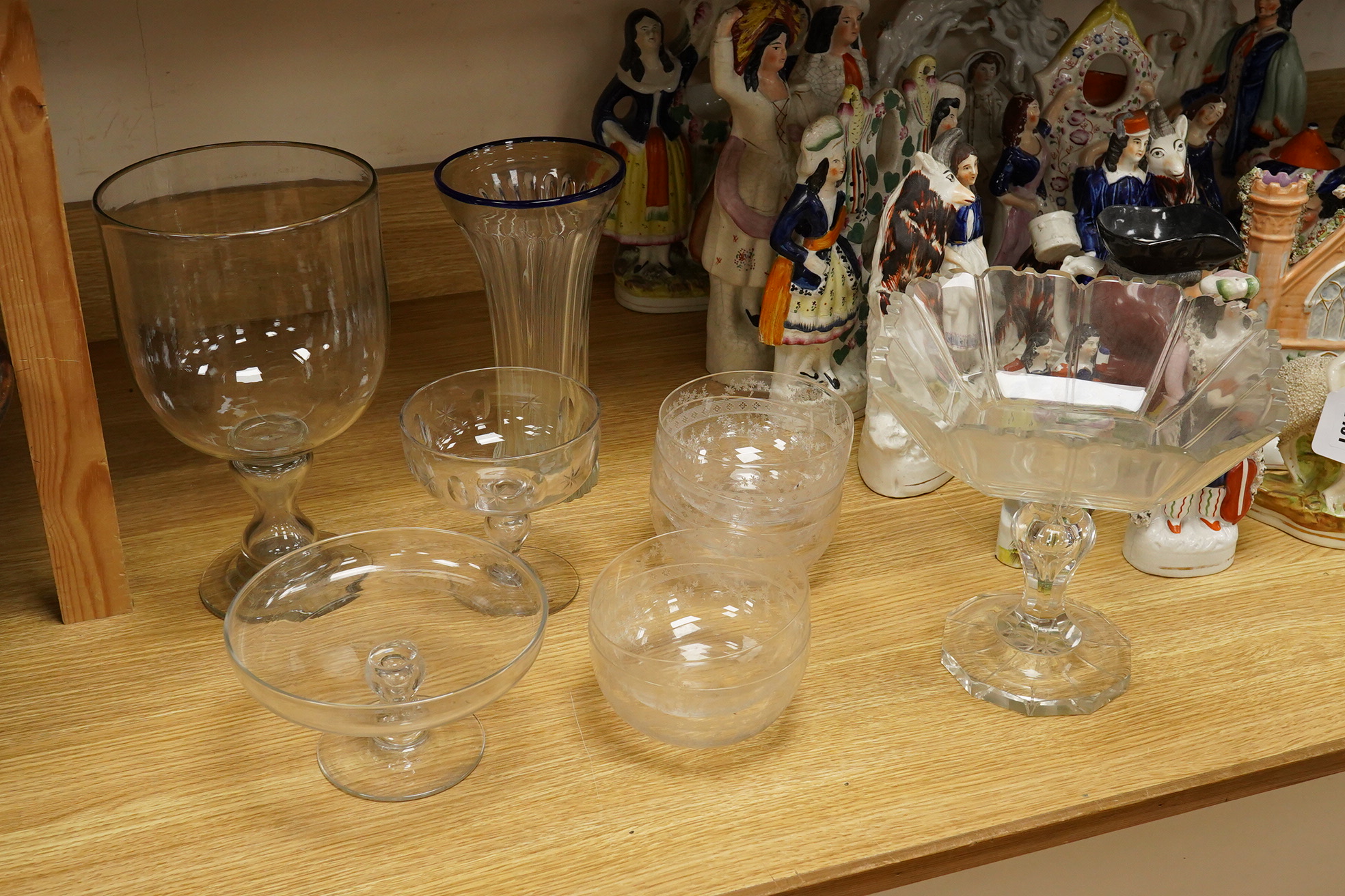 A group of 19th century and later glass; including a set of finger bowls, a comport and large glass celery style vase-29cm high (10)